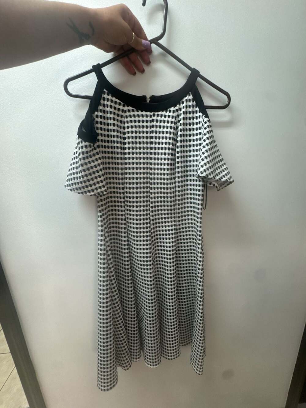 Danny and Nicole Black and White Checked Cold-Shoulder Fit and Flare Dress